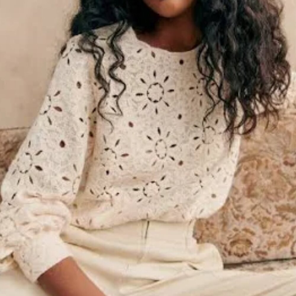 Sezane Jesse Embroidered Floral Long Sleeve Blouse EU 40 Ecru Boho Romantic